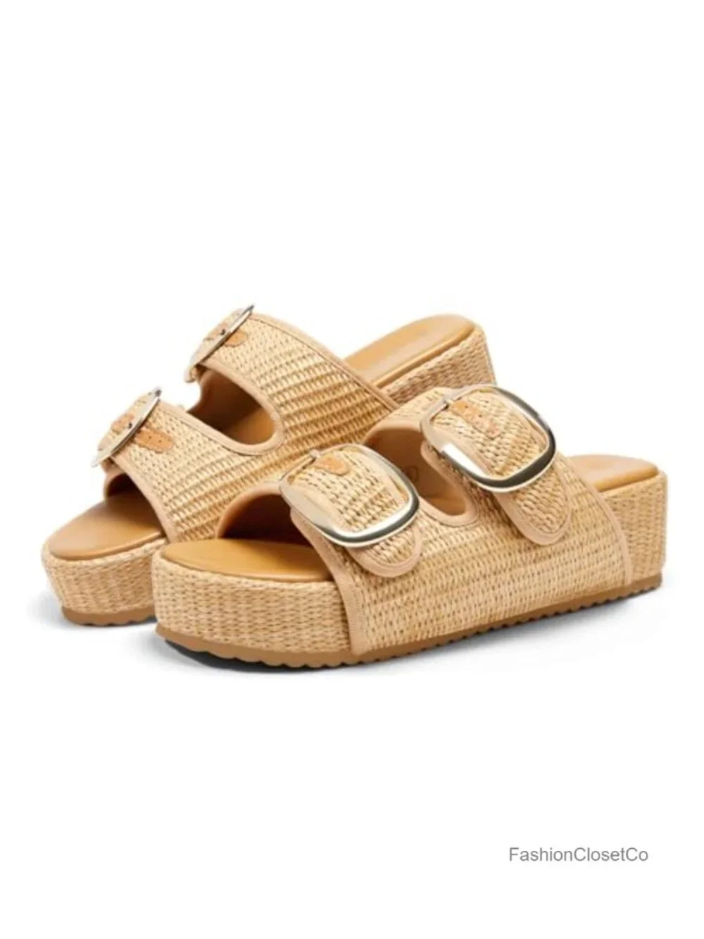Women's Platform Sandals Raffia Espadrilles Two Band Open Toe Slip On Slides